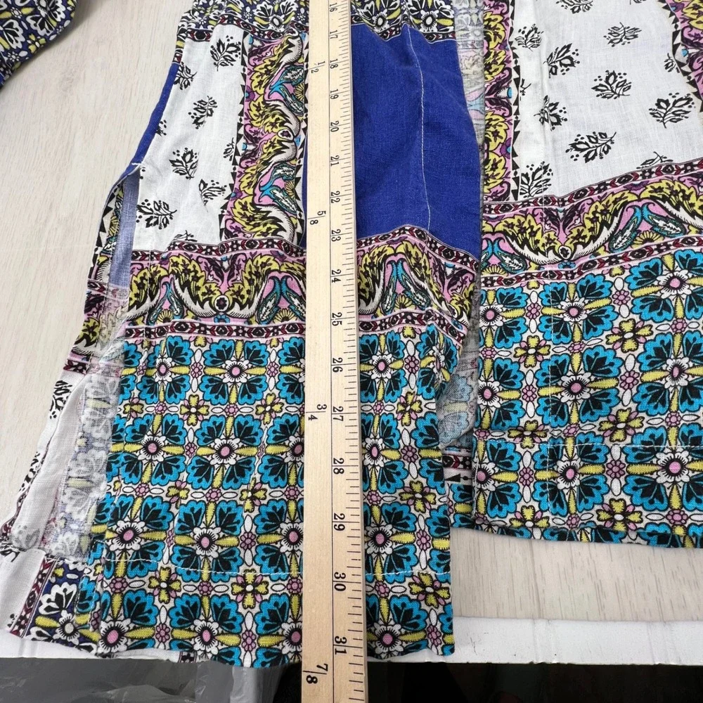 Chicos 100% Linen Paisley Patchwork Open Front Cardigan‎ Blue Size 1 US 8/10